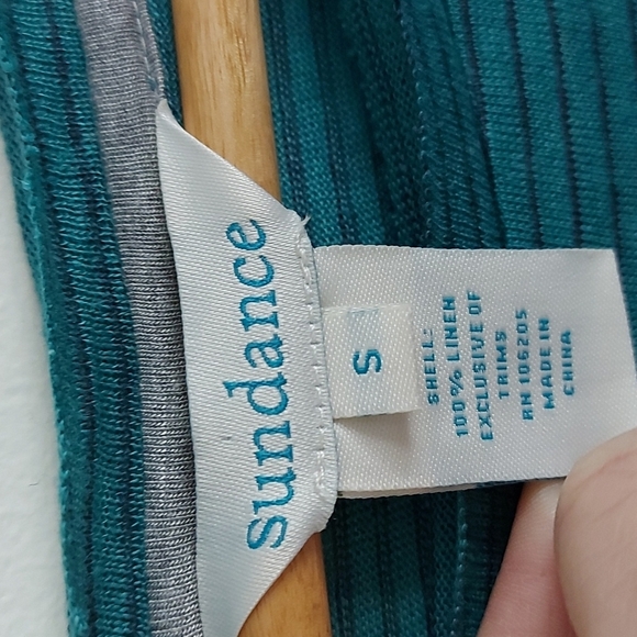 Sundance Striped Long Sleeve Shirt, Green/Navy Raw Hem Neckline Size S - Picture 6 of 6